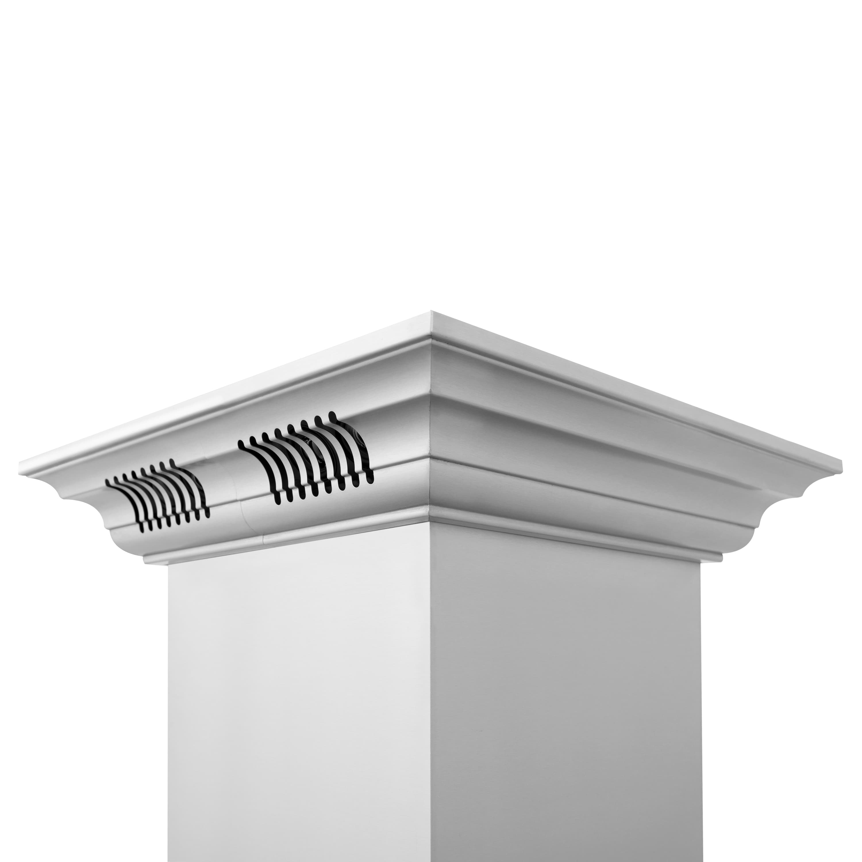 Range hood chimney top with dual vent grilles, light gray metal housing