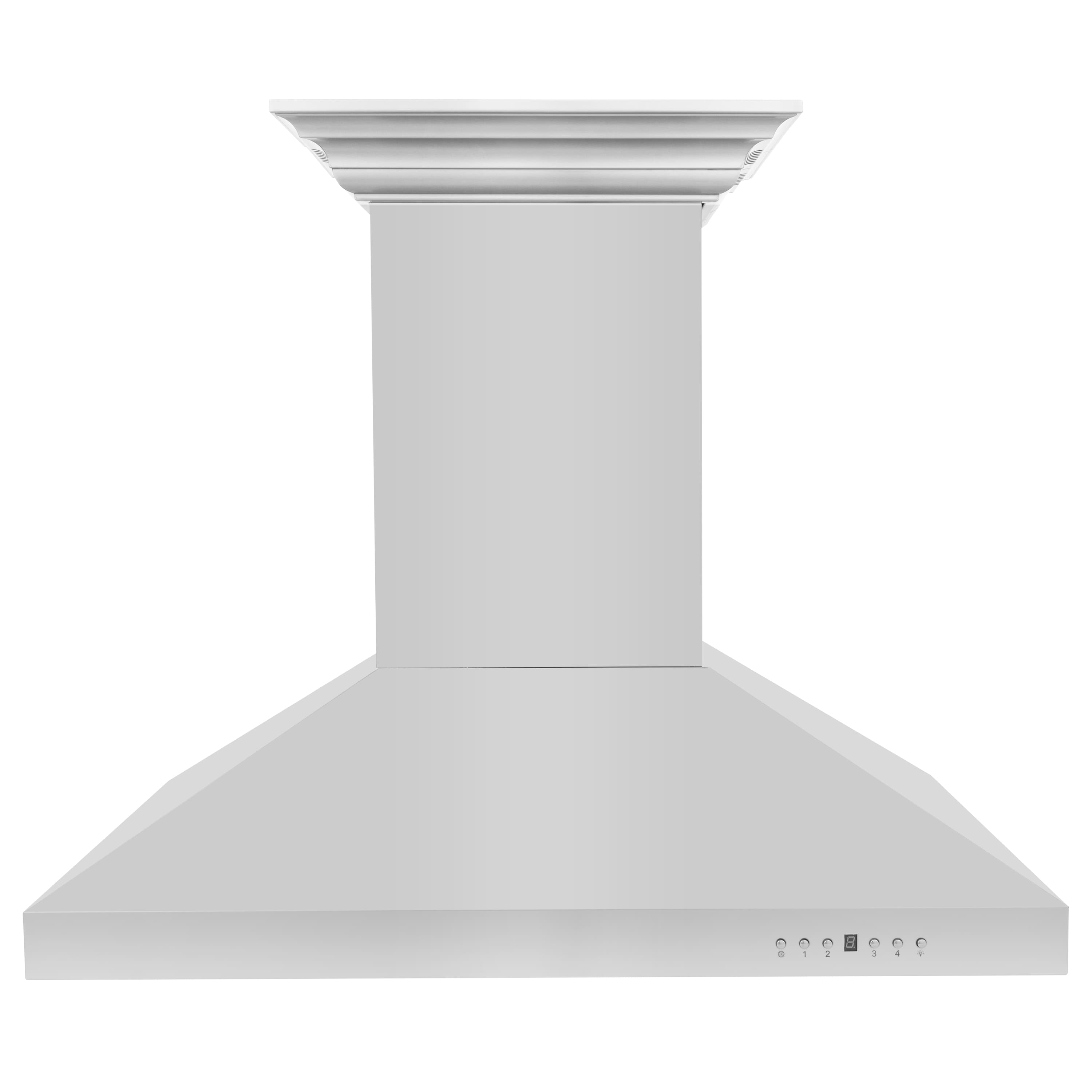 Stainless steel island range hood side view with chimney and low profile baffle
