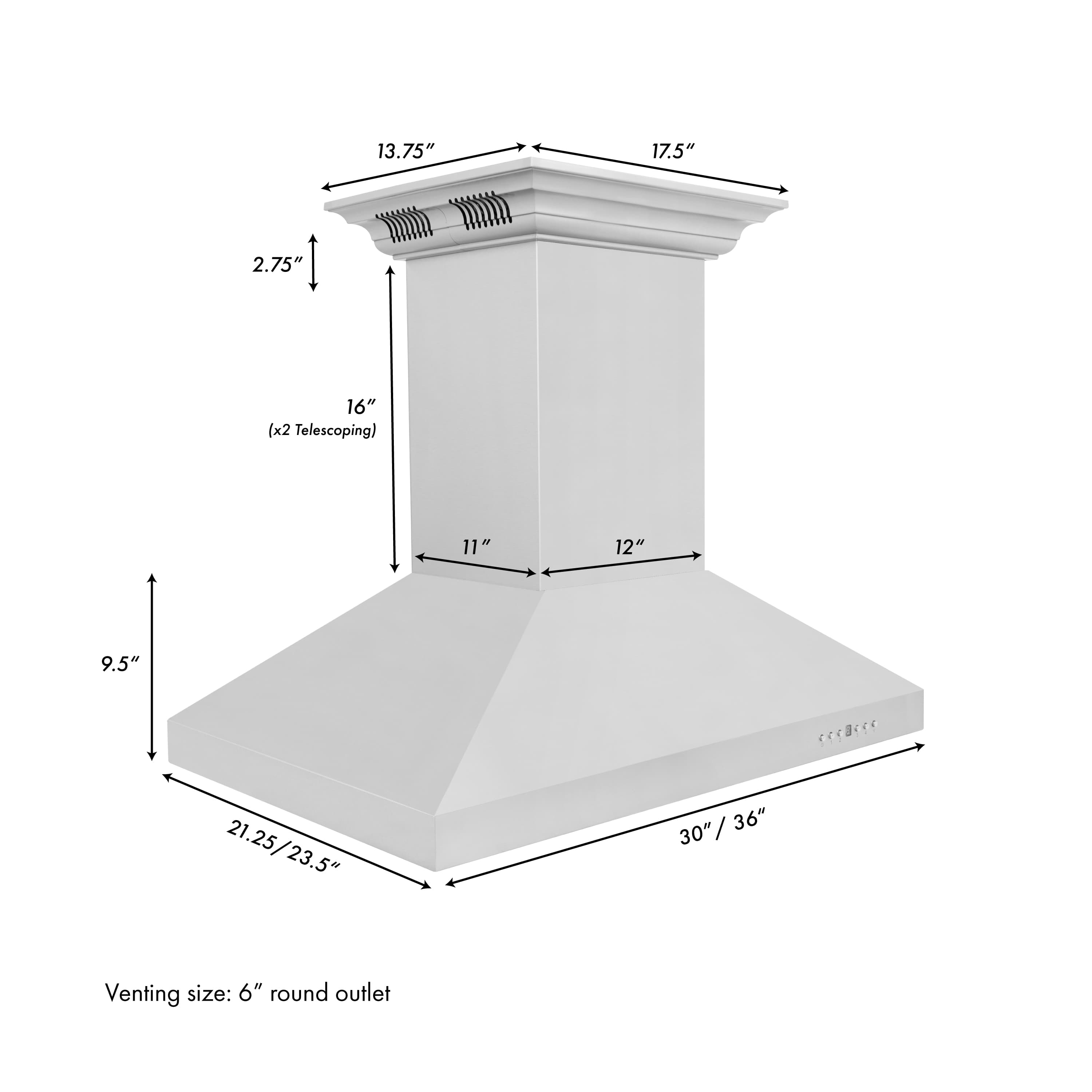 Stainless steel island range hood with dimensions and telescoping chimney note