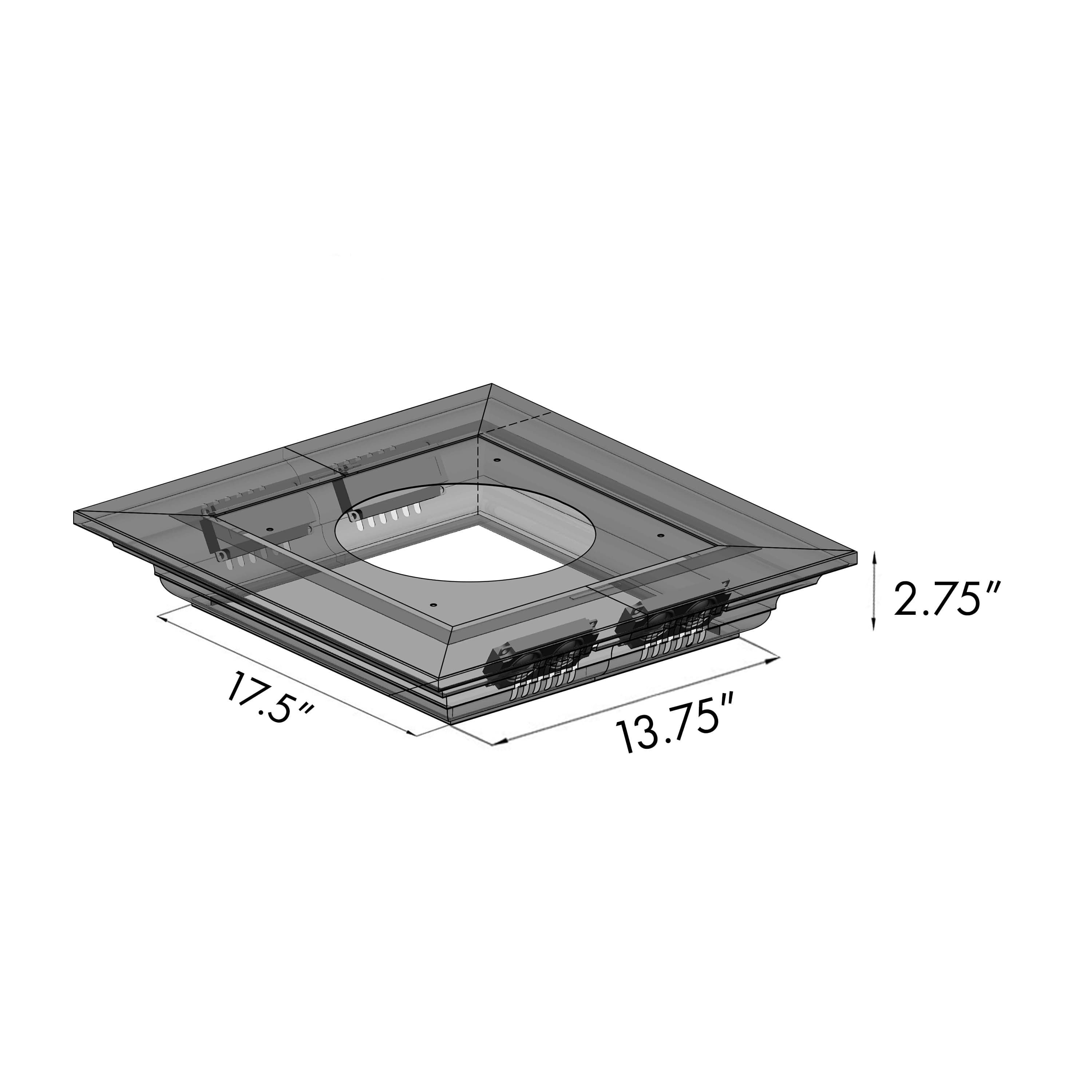 Stainless steel island mount ducted range hood with glass top and perimeter vent