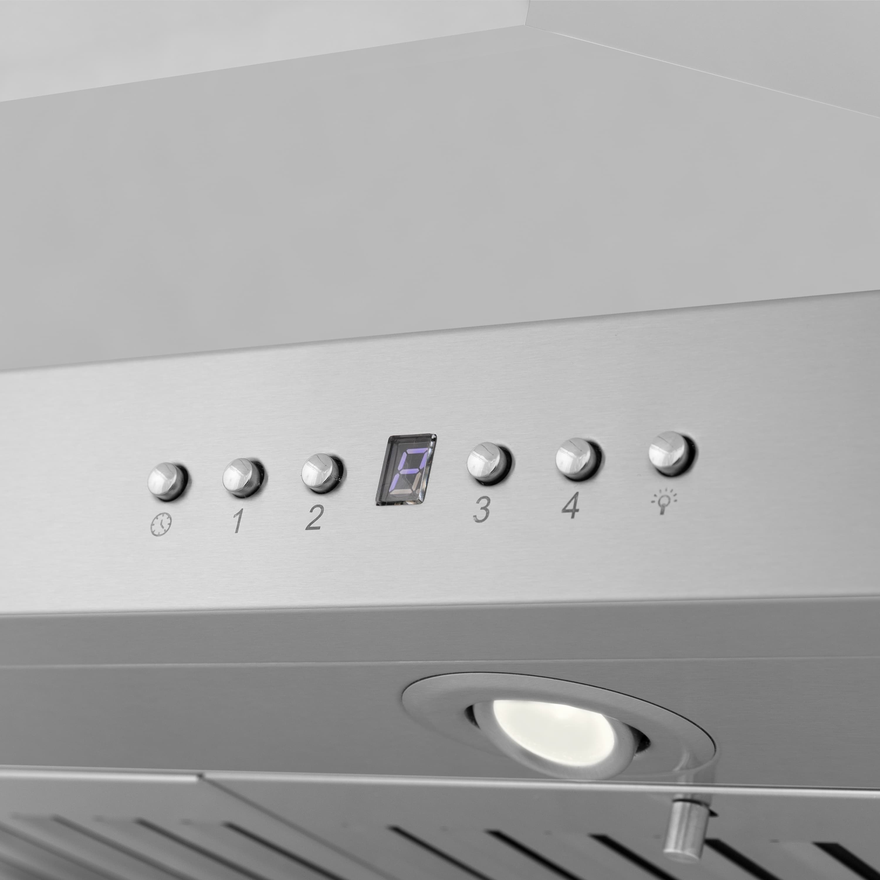 Stainless steel range hood control panel with LED display and buttons