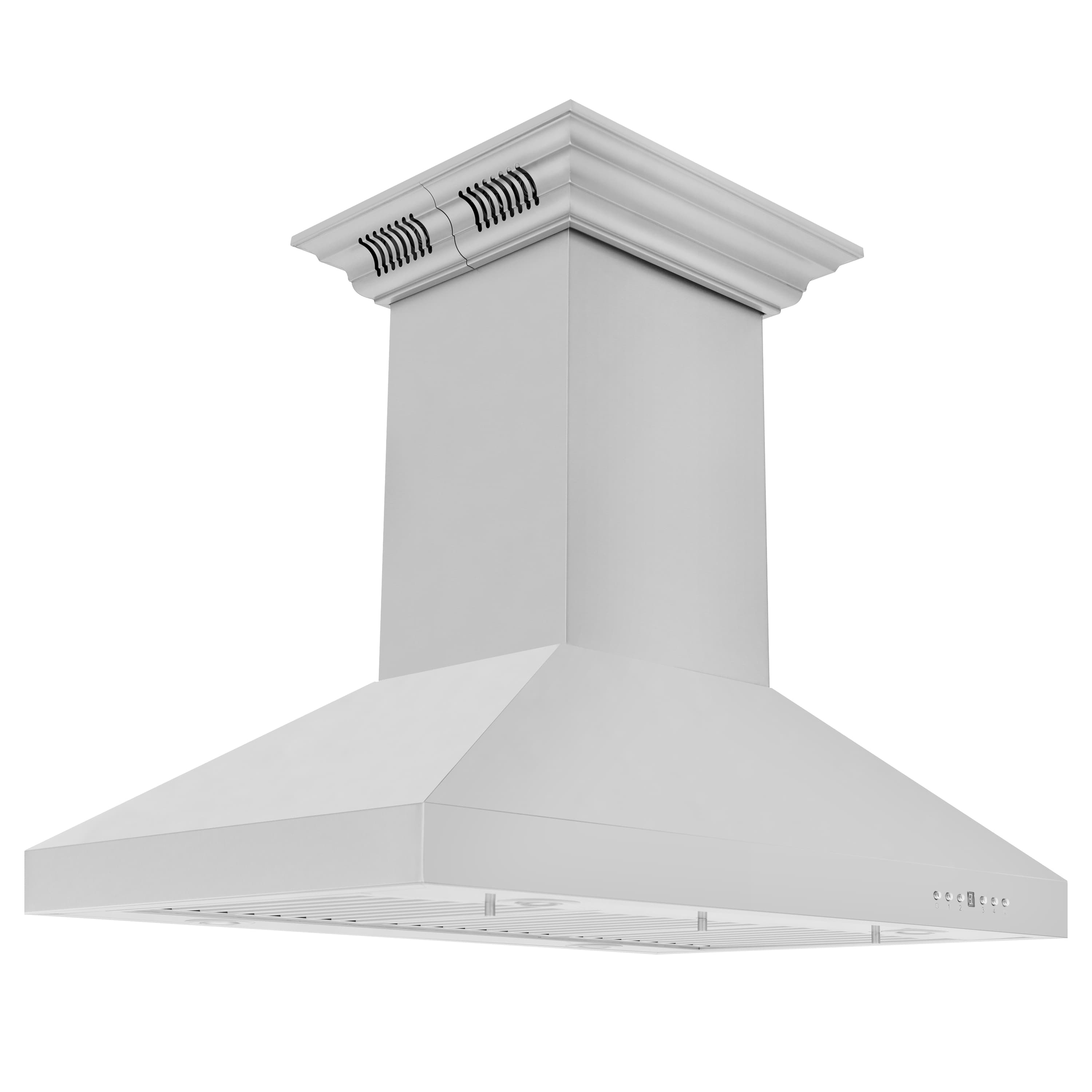 Stainless steel island mount range hood with decorative crown top and vent outlet