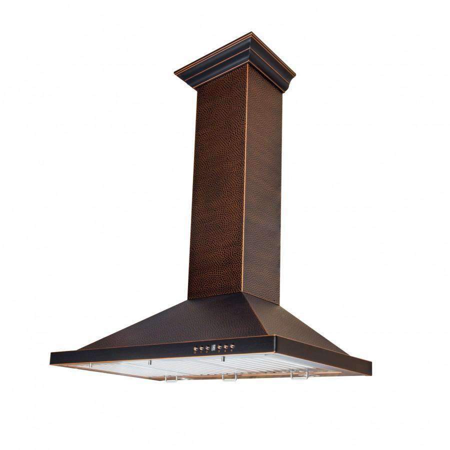 Wall-mounted range hood with copper chimney column and wide canopy