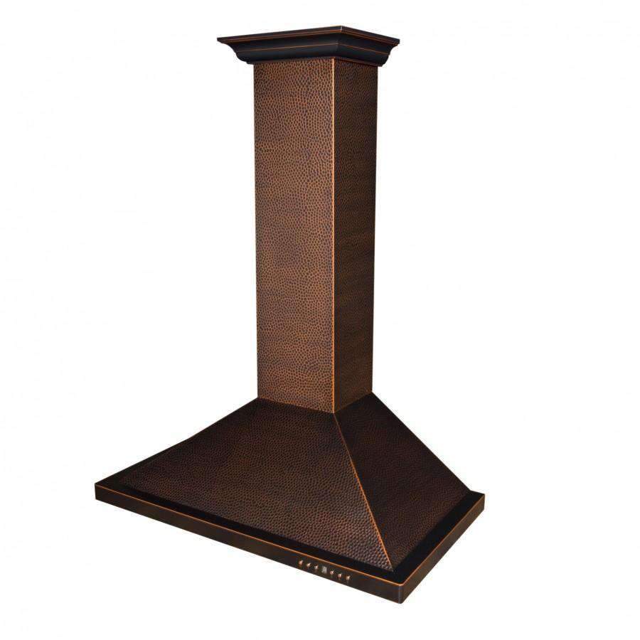 Wall-mounted range hood with hand-hammered copper chimney column and canopy