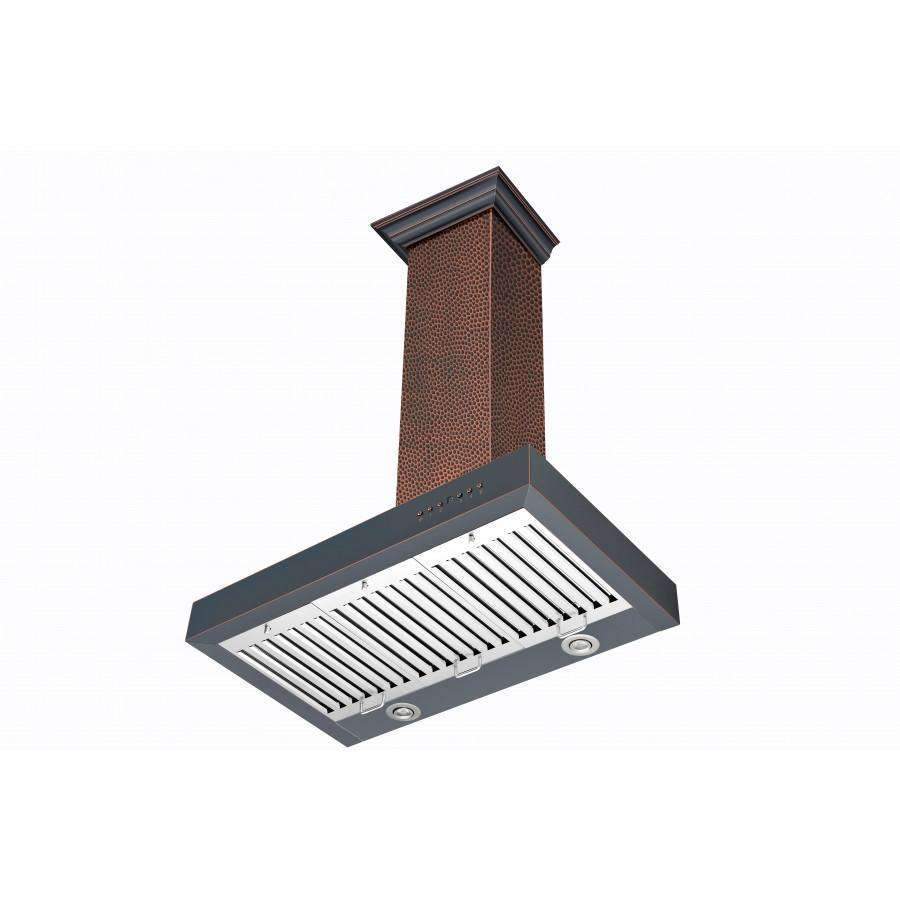 Wall-mount range hood with copper chimney and vent grille over dark canopy