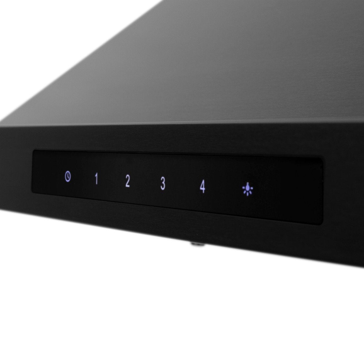 Black range hood control panel with fan speed buttons 0–4 and light icon