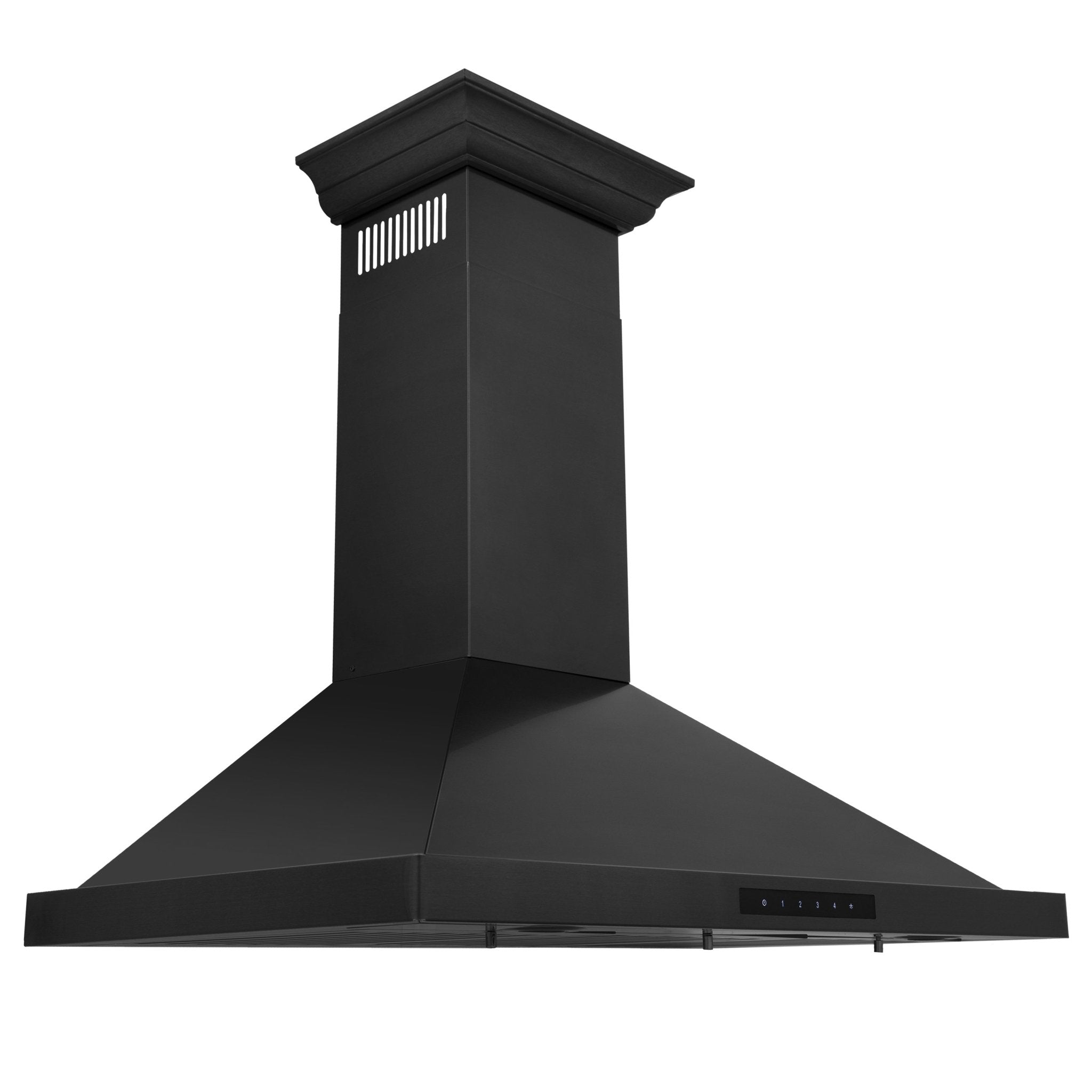 Black wall-mount range hood with chimney body and wide angled canopy