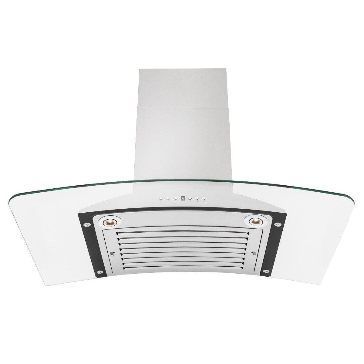 Stainless steel range hood canopy with vent grille and two round light fixtures