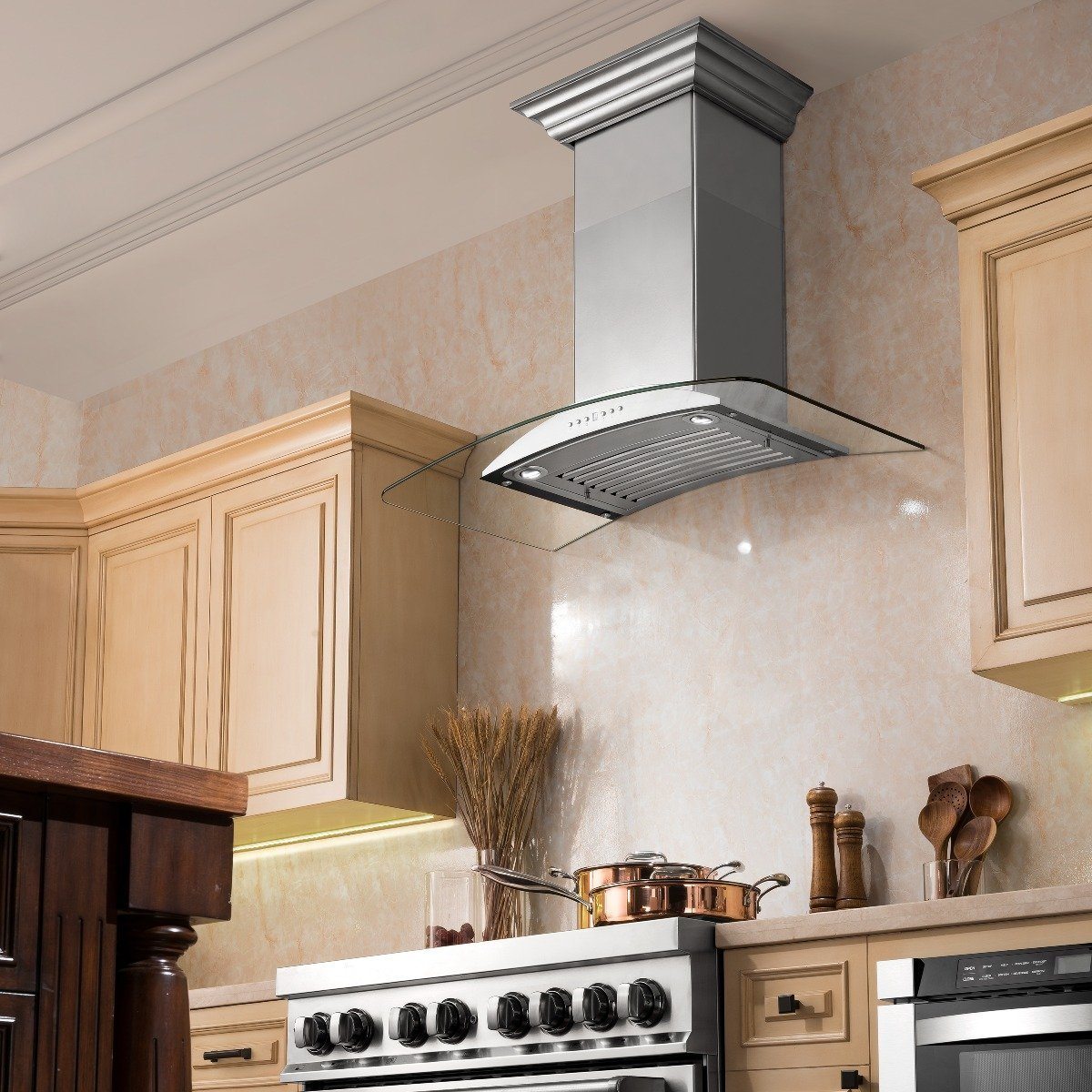 Stainless steel wall mount range hood with glass-edged canopy above stove area