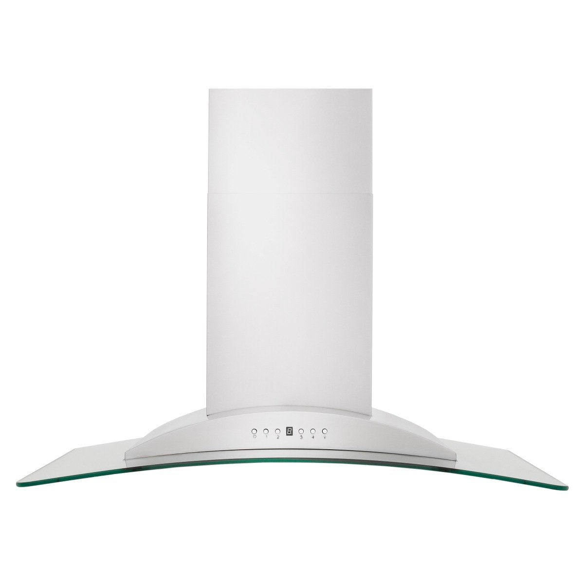 Wall mount range hood with white chimney, glass-edged canopy, and small button controls