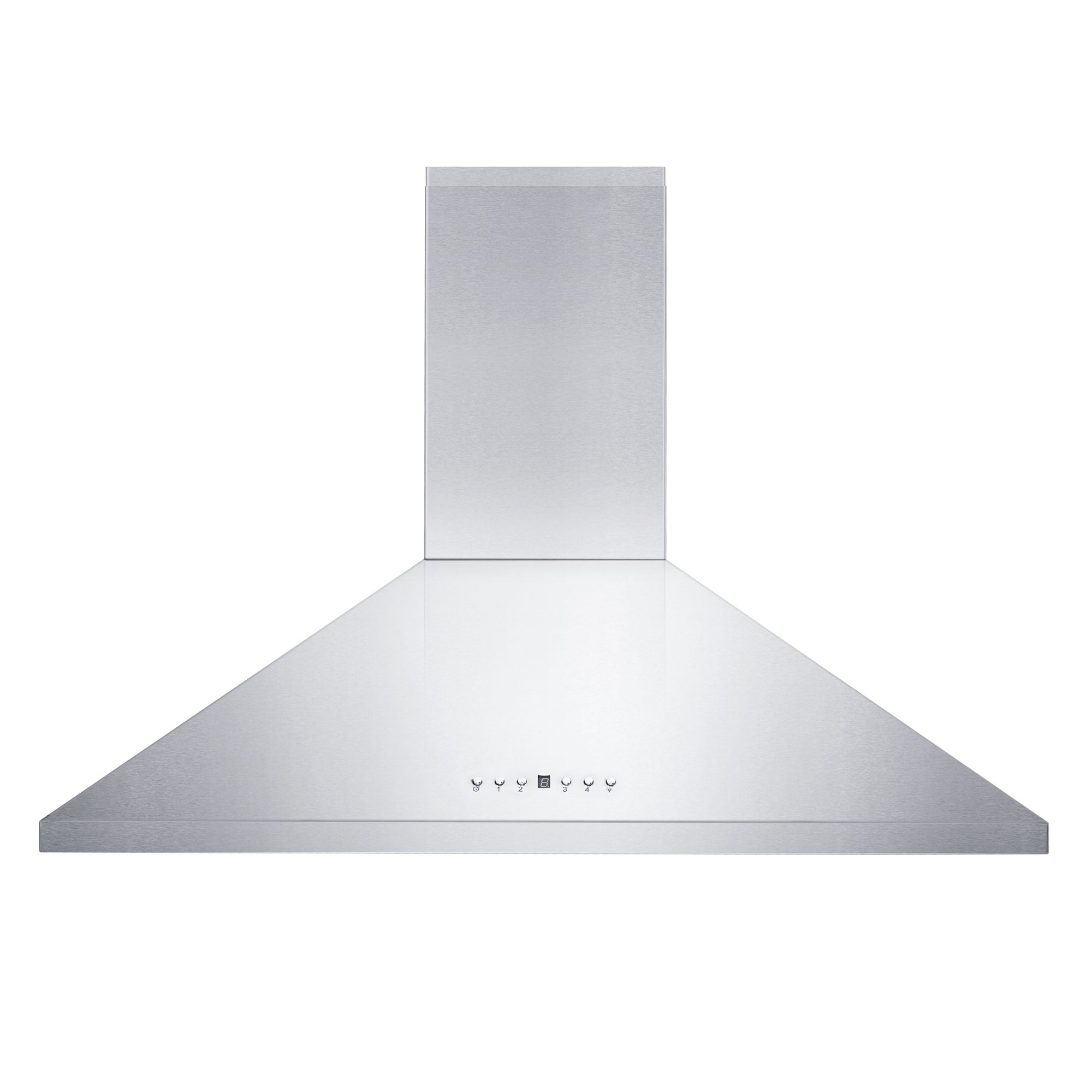 Stainless steel convertible wall range hood with angled canopy and chimney stack