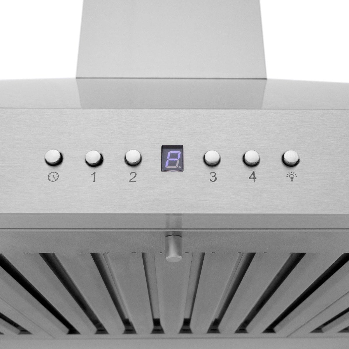 Stainless steel range hood control panel with LED display and numbered buttons