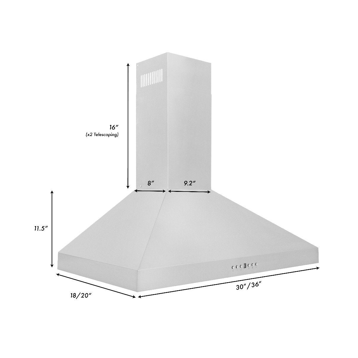 Stainless steel range hood size diagram with height and width measurements