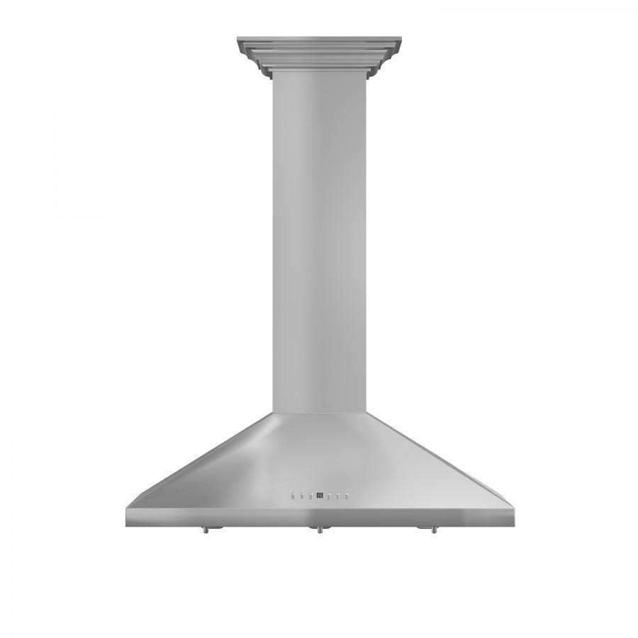 Stainless steel convertible vent wall range hood with tall chimney and crown trim
