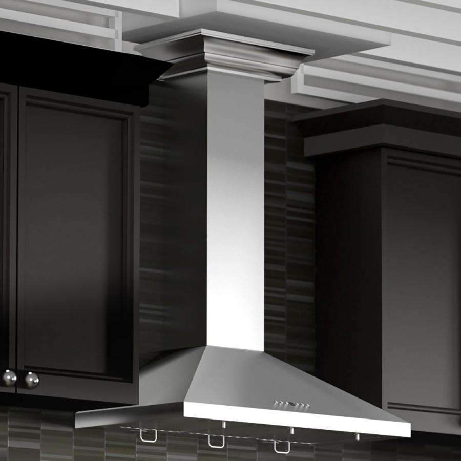 Stainless steel wall-mount range hood with crown molding and front mounting brackets