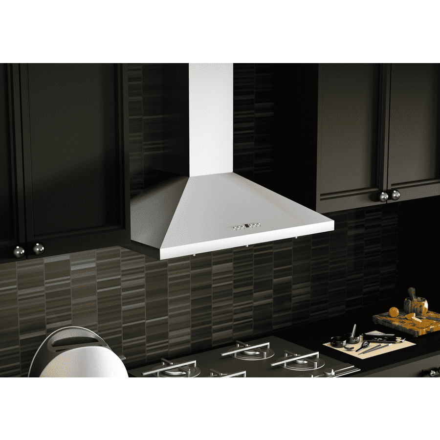 Stainless steel wall-mount range hood with chimney canopy and crown trim