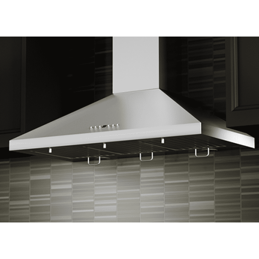 Stainless steel wall-mount range hood with crown molding, rectangular chimney canopy