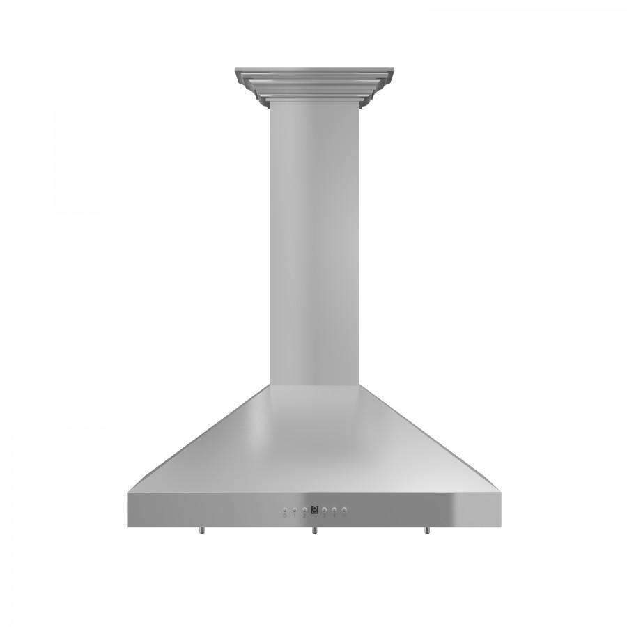 Convertible range hood chimney and canopy in stainless steel, front view