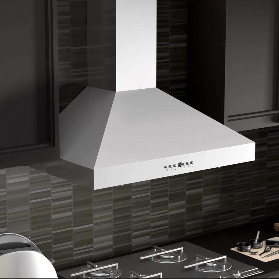 Stainless steel wall-mount range hood with crown molding and flat canopy