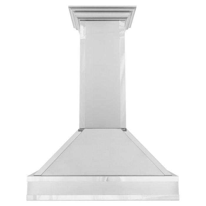 Satin stainless steel chimney and canopy ducted range hood, front profile
