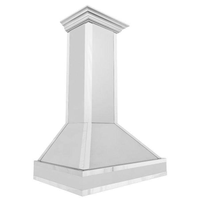 Three-quarter view of satin stainless steel ducted wall mount range hood