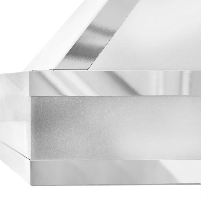 Satin stainless steel range hood underside with baffle panel and reflective finish