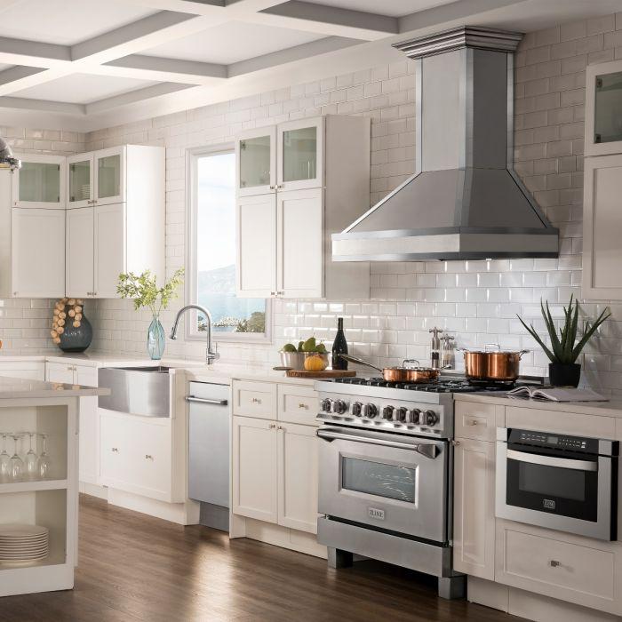36-inch ducted wall mount range hood in satin stainless steel with mirror accents