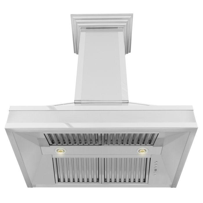 Front view of ducted range hood with open vent filters and two recessed lights