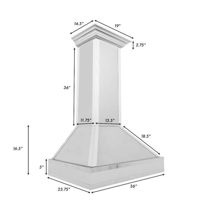 Ducted range hood dimensions diagram for 36-inch satin stainless steel model