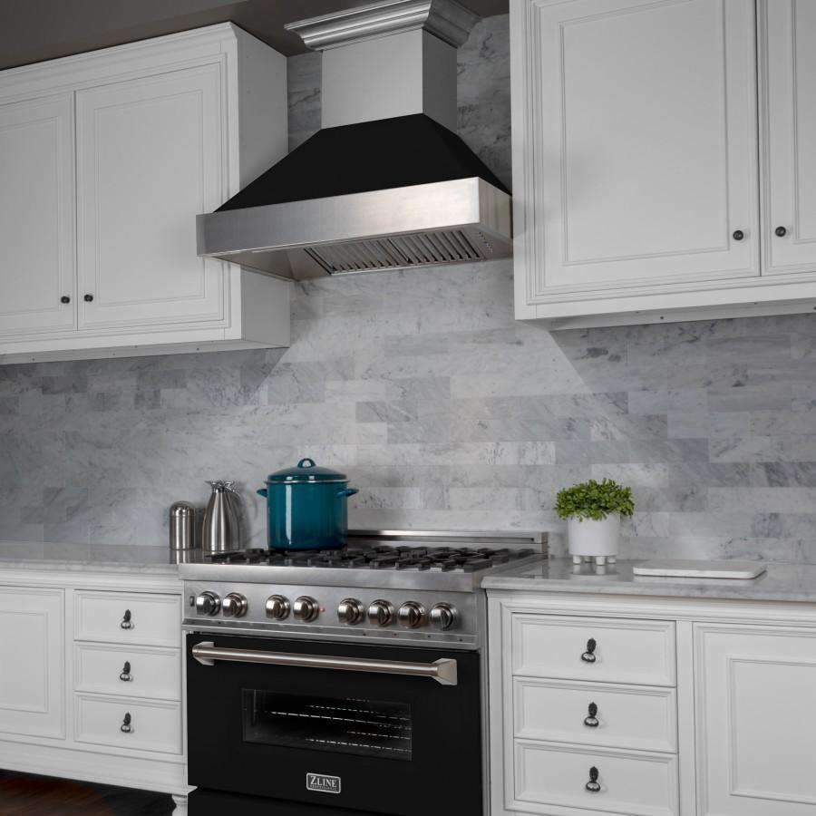 Wall-mounted ducted range hood with black matte vent hood and satin stainless body