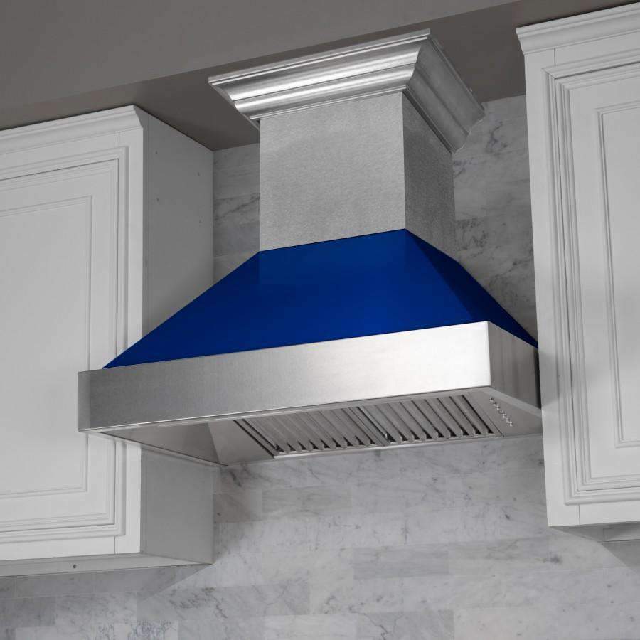 Stainless ducted wall-mount range hood with blue canopy and front vent grille