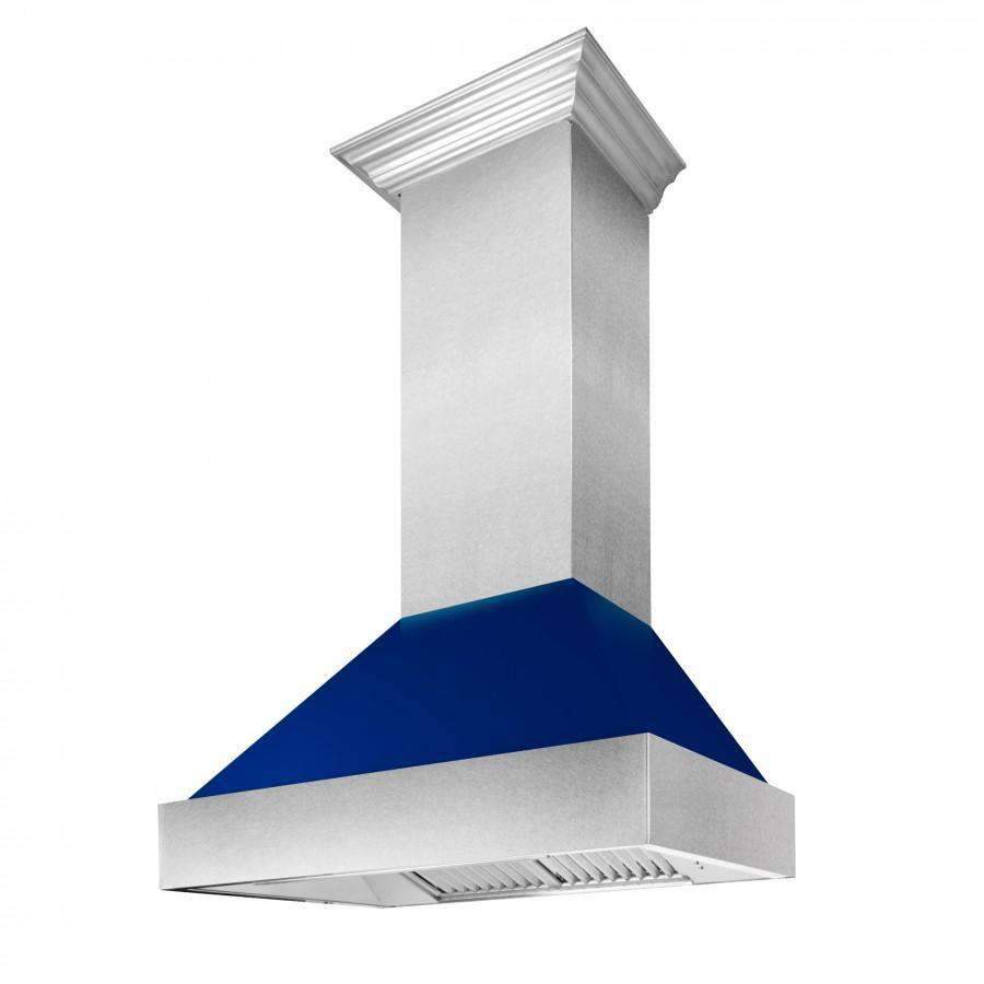 Ducted wall-mount range hood with stainless chimney and blue canopy liner