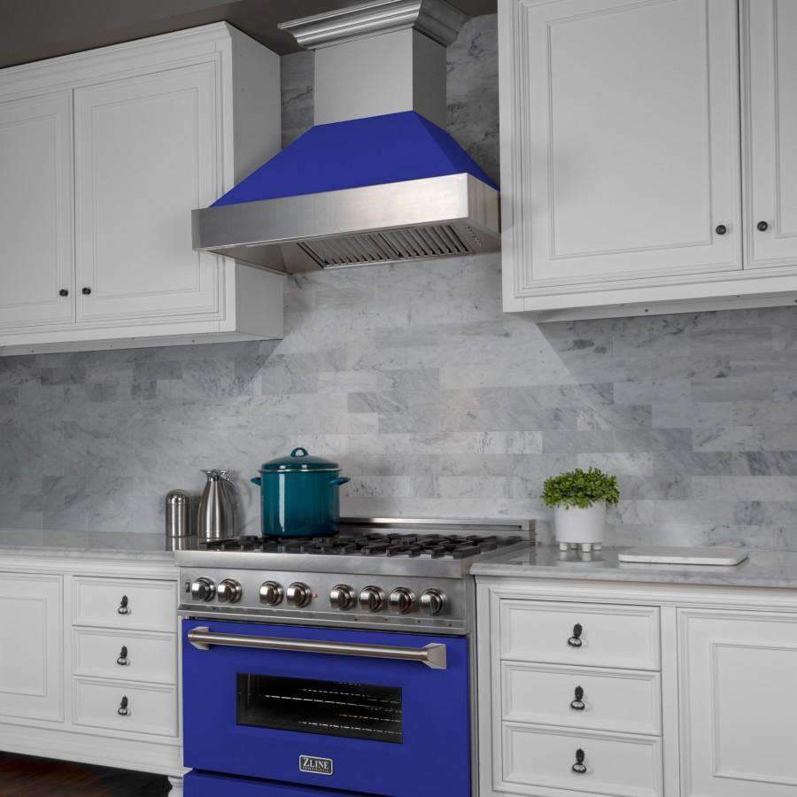 Stainless ducted wall mount range hood with blue matte canopy and vent grille