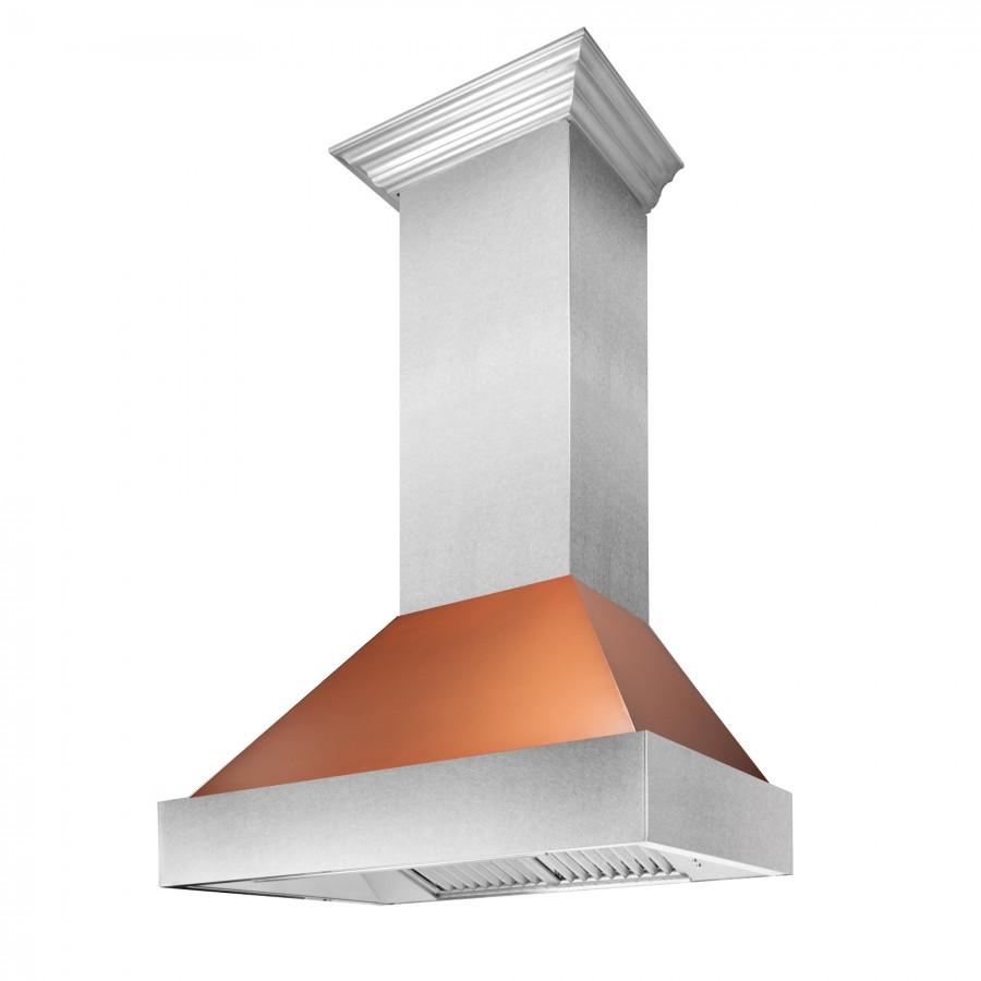 Wall mount range hood with copper underside, stainless chimney, and vent grille