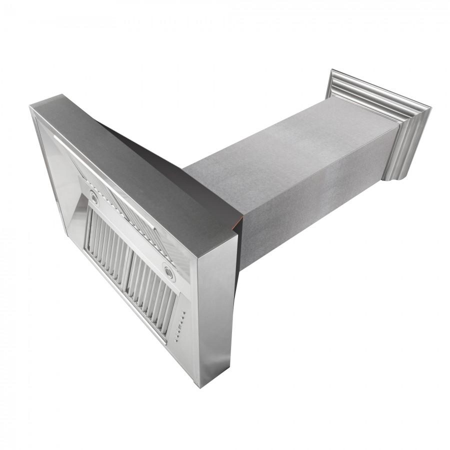 Wall mount ducted range hood with stainless steel body and black vented chimney canopy