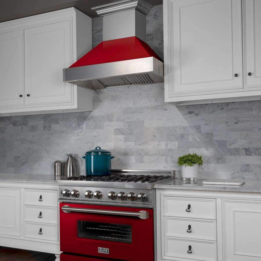Wall mount ducted range hood, brushed stainless chimney and red gloss exhaust liner