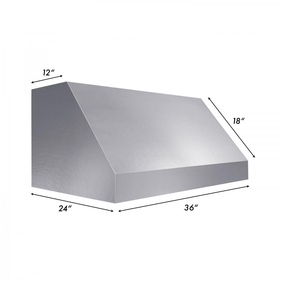 Satin stainless steel under-cabinet range hood with size dimensions (36 in)
