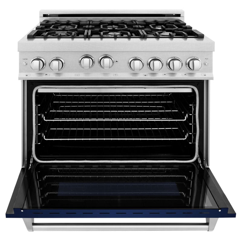 ZLINE 36 In. Professional 4.6 Cu. Ft. 4 Gas On Gas Range In DuraSnow® Stainless Steel With Blue Gloss Door (RGS-BG-36) Ranges ZLINE 