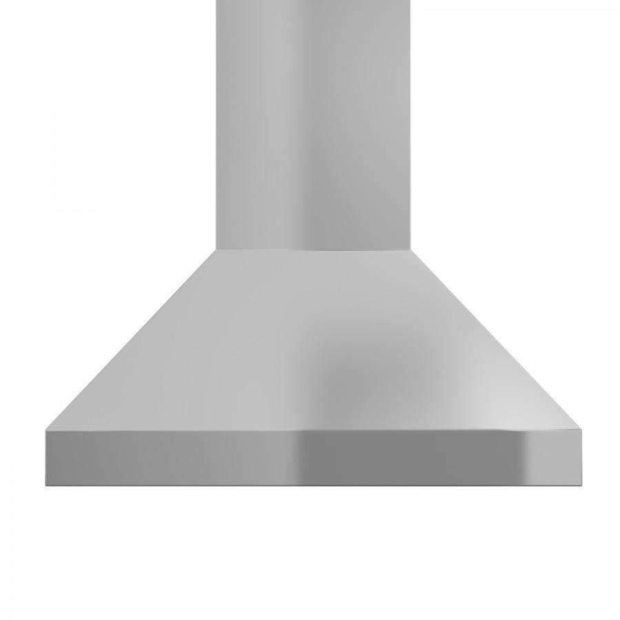 Stainless steel chimney wall range hood with wide angled canopy
