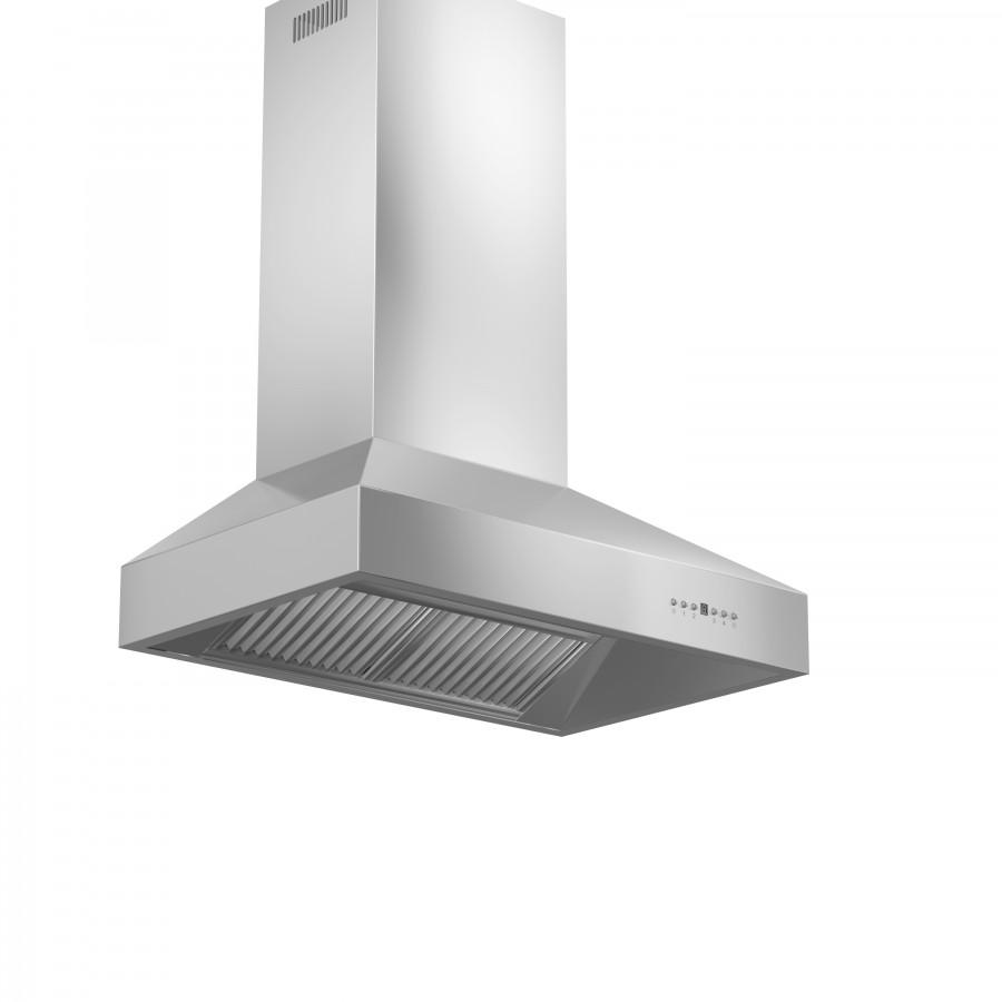 Stainless steel ducted wall mount range hood with vented filter grille front
