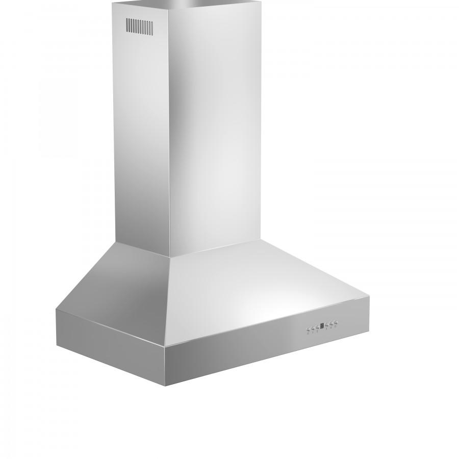 Stainless steel ducted wall mount range hood with tall chimney and front control panel