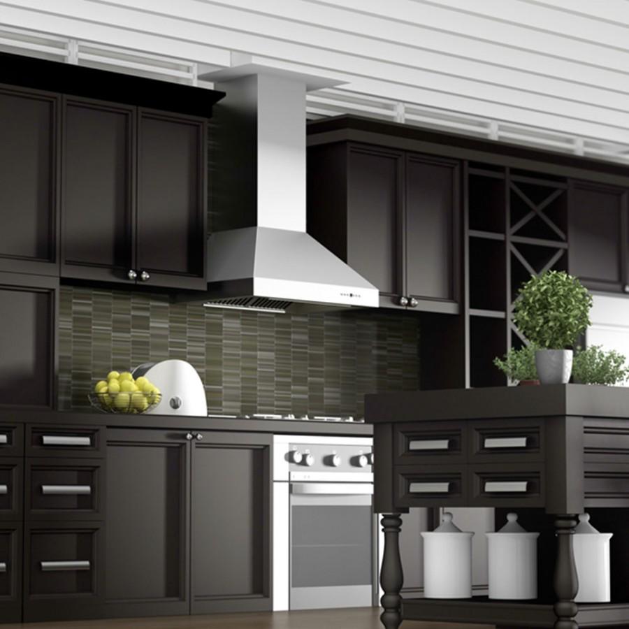 Stainless steel wall-mount range hood with chimney-style ducted design
