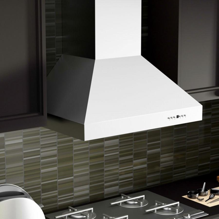 White ducted wall mount range hood with vented baffle filter and control area