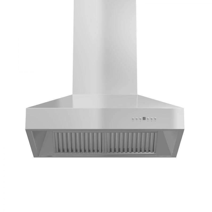 Stainless steel ducted wall-mount range hood with internal vent grilles