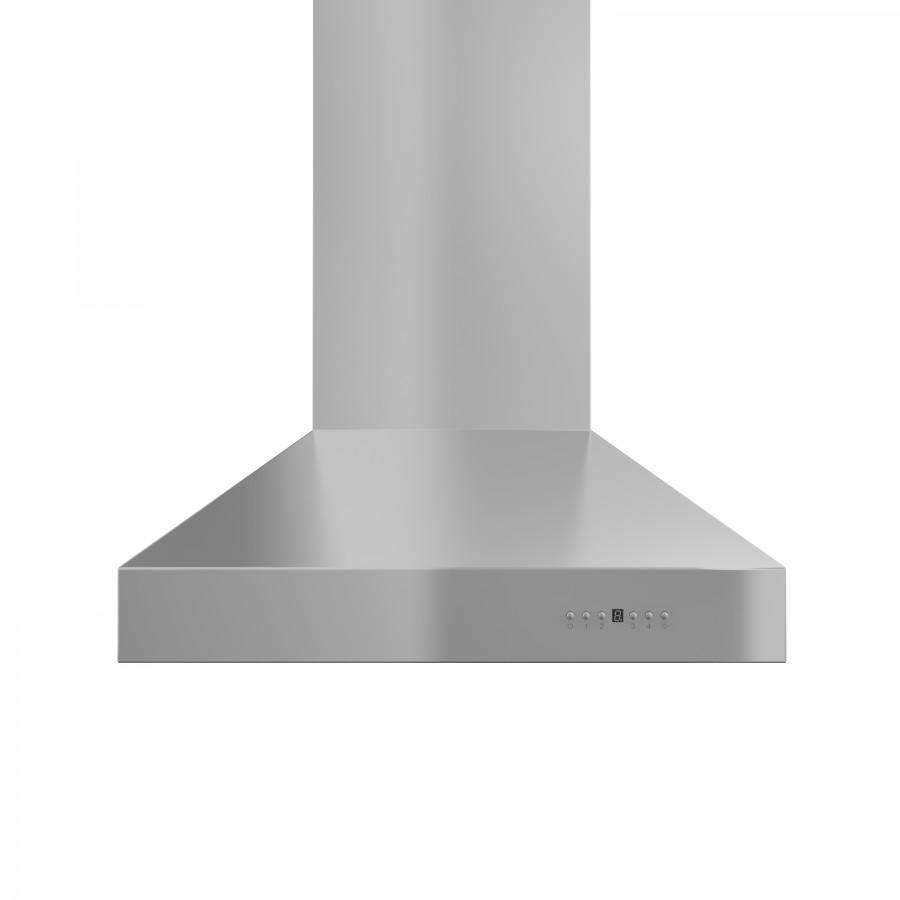 Stainless steel ducted wall-mount range hood with chimney, front view