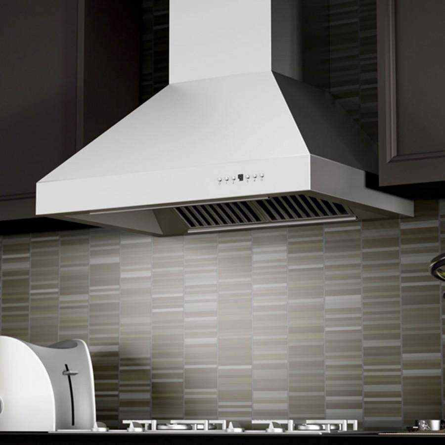Stainless steel wall mount range hood with front control panel and vent grille