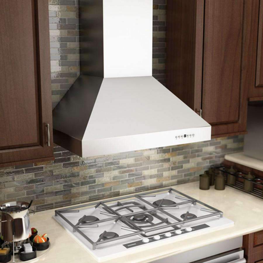 Stainless steel ducted wall mount range hood with flat canopy and control buttons