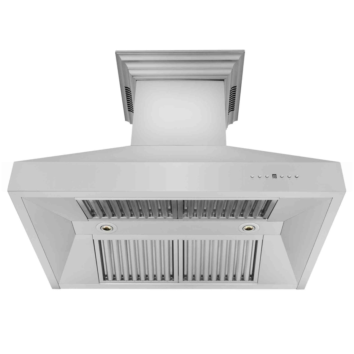 Stainless steel range hood with vent panel and internal baffle filters