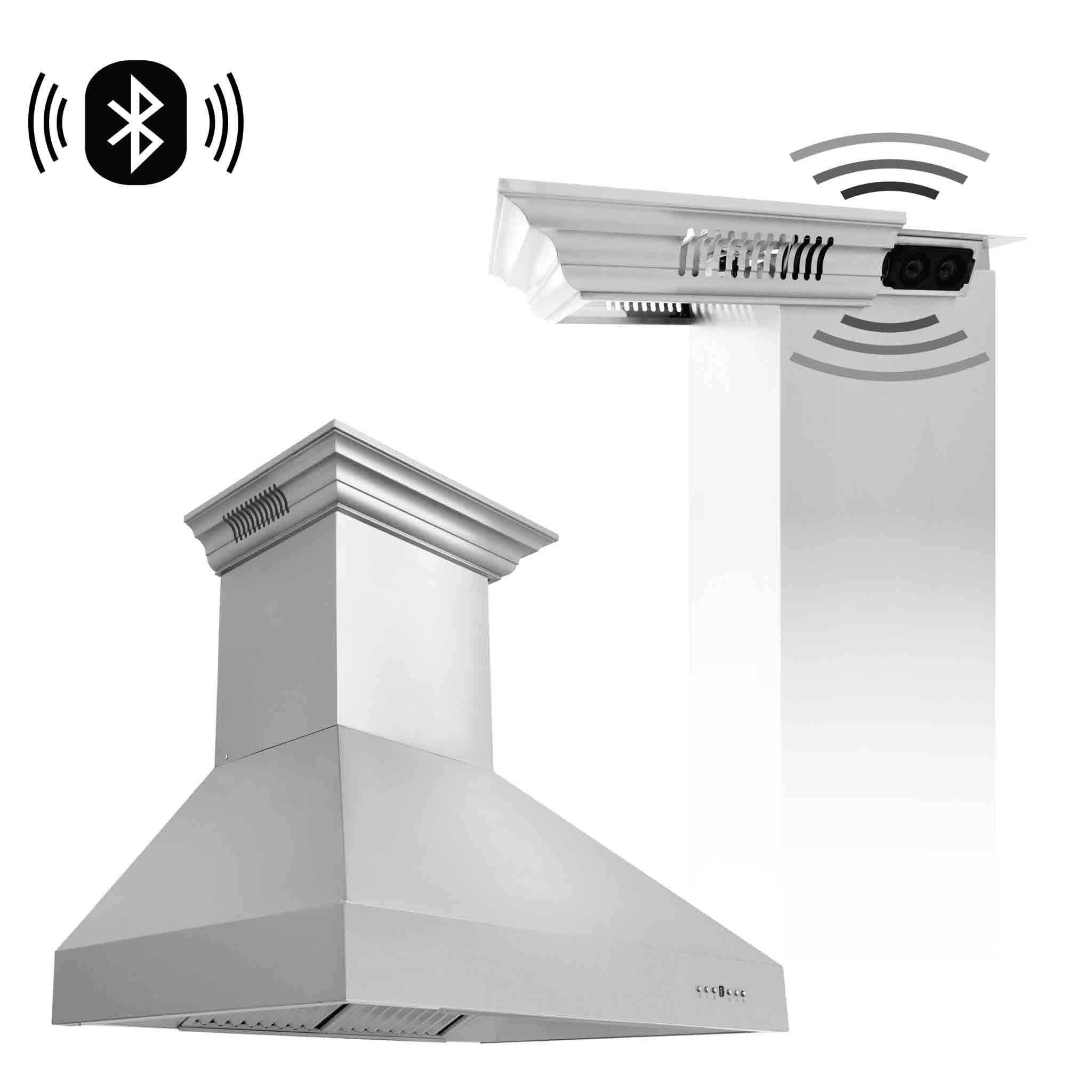 Stainless steel range hood with top speaker grille and Bluetooth icons