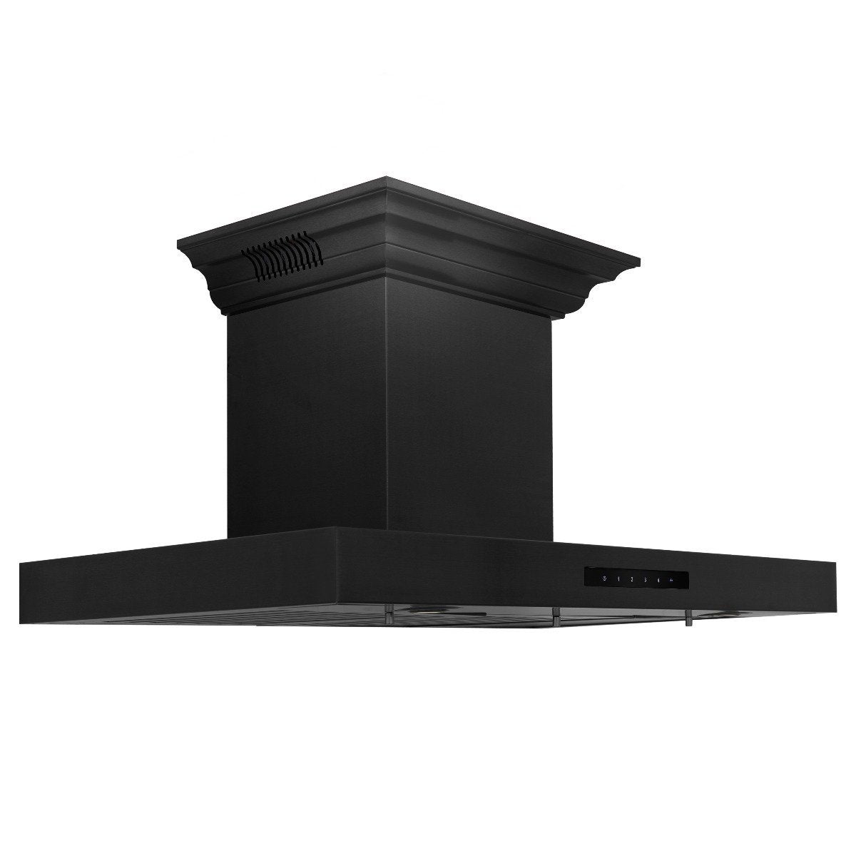 Black wall-mount range hood with crown-style chimney and long horizontal canopy